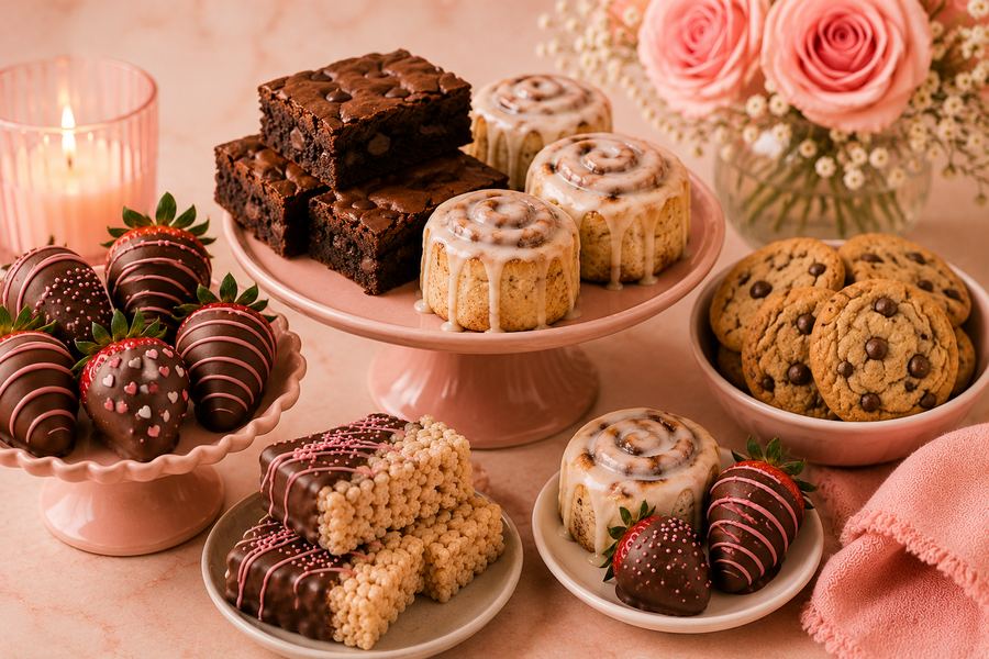 A spread of cinnamon rolls, brownies, chocolate covered strawberries, rice krispie treats, and cookies on pink stands
