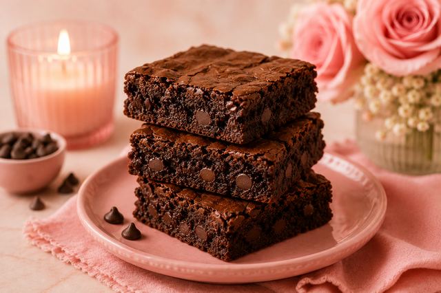 Stacked fudgy brownies on a pink plate