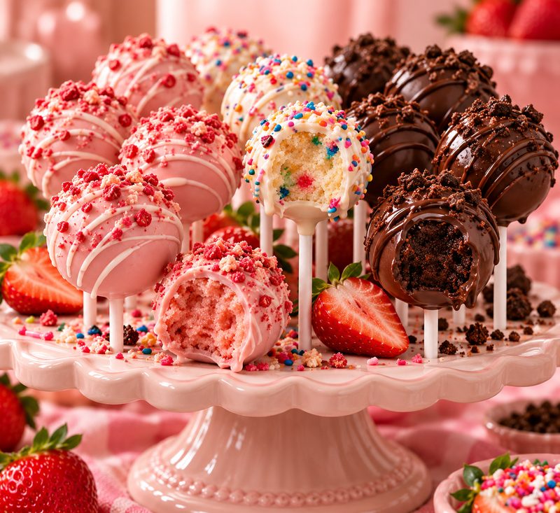 Strawberry, confetti, and chocolate cake pops on a pink cake stand with fresh strawberries