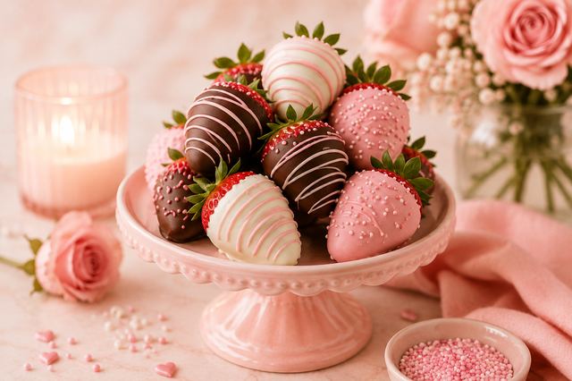 Chocolate covered strawberries on a pink cake stand