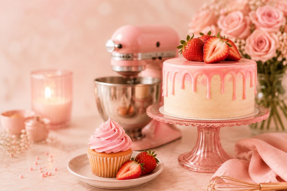 Pink drip cake with fresh strawberries, a cupcake, and a pink stand mixer surrounded by roses